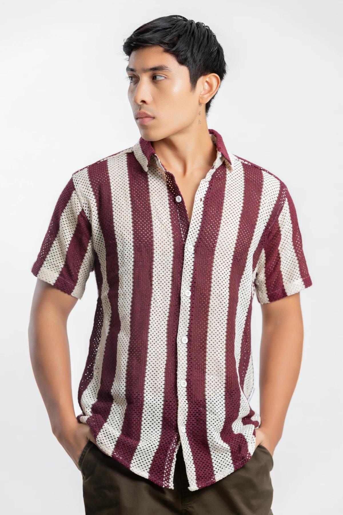 mens-casual-short-sleeve-brown-and-white-striped-shirt