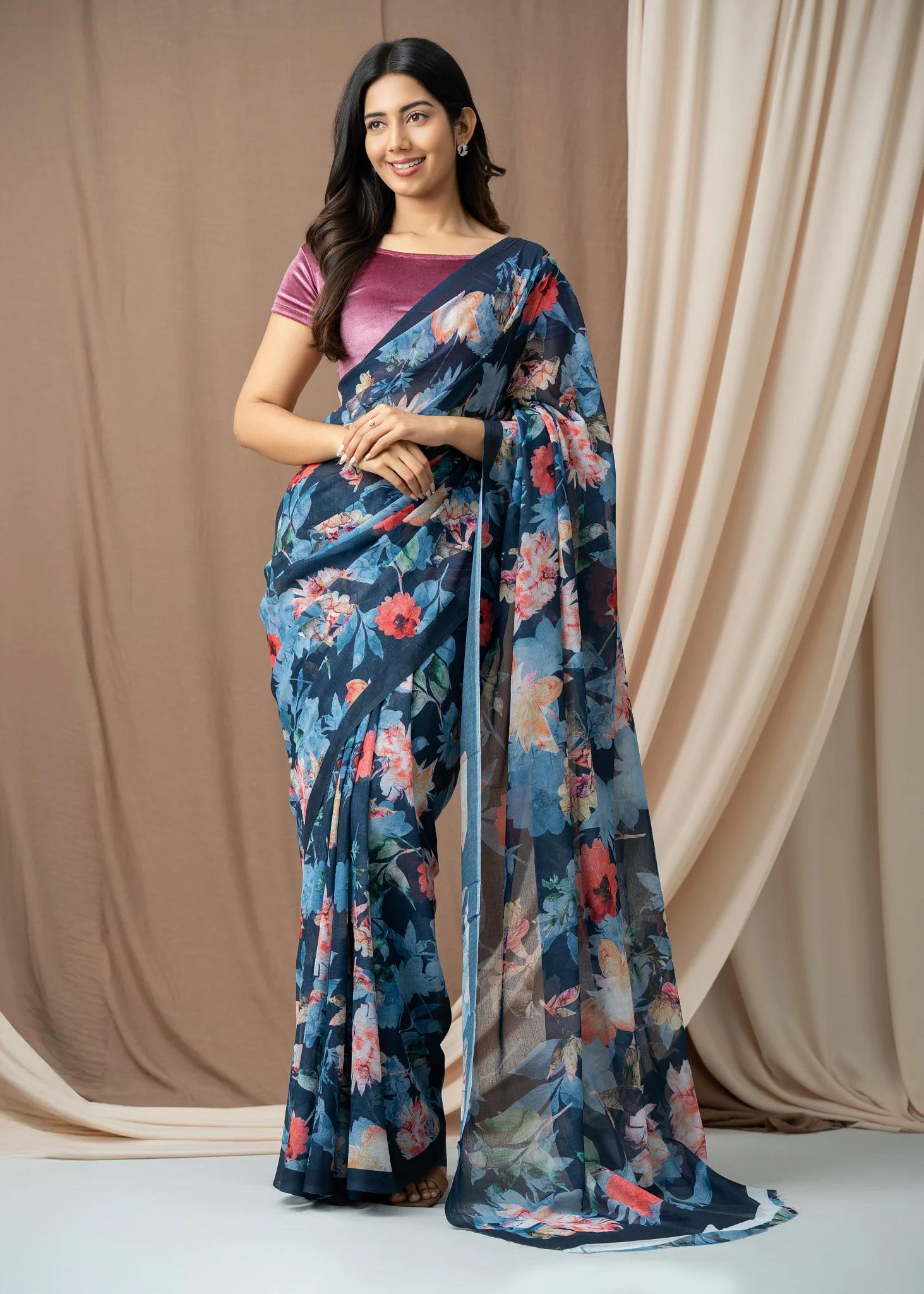 dusty-blue-floral-print-saree